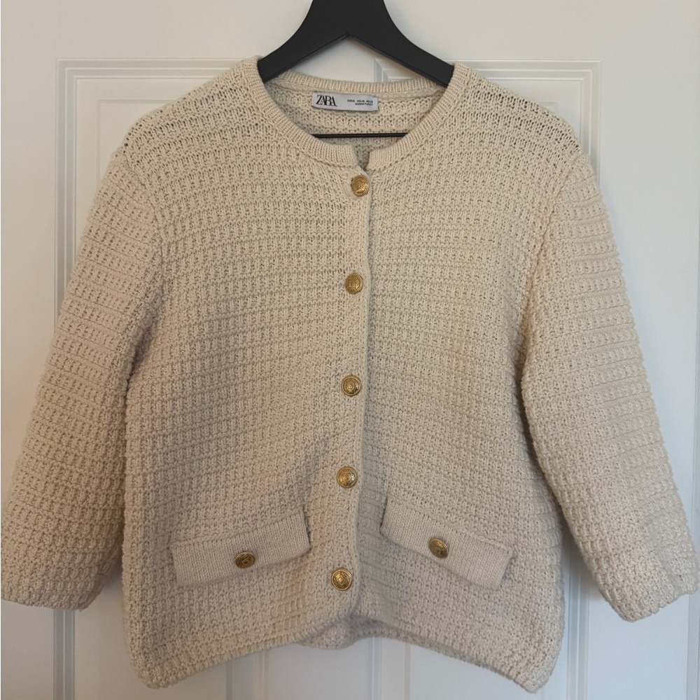 Zara Cream and Gold Textured Knit Cardigan